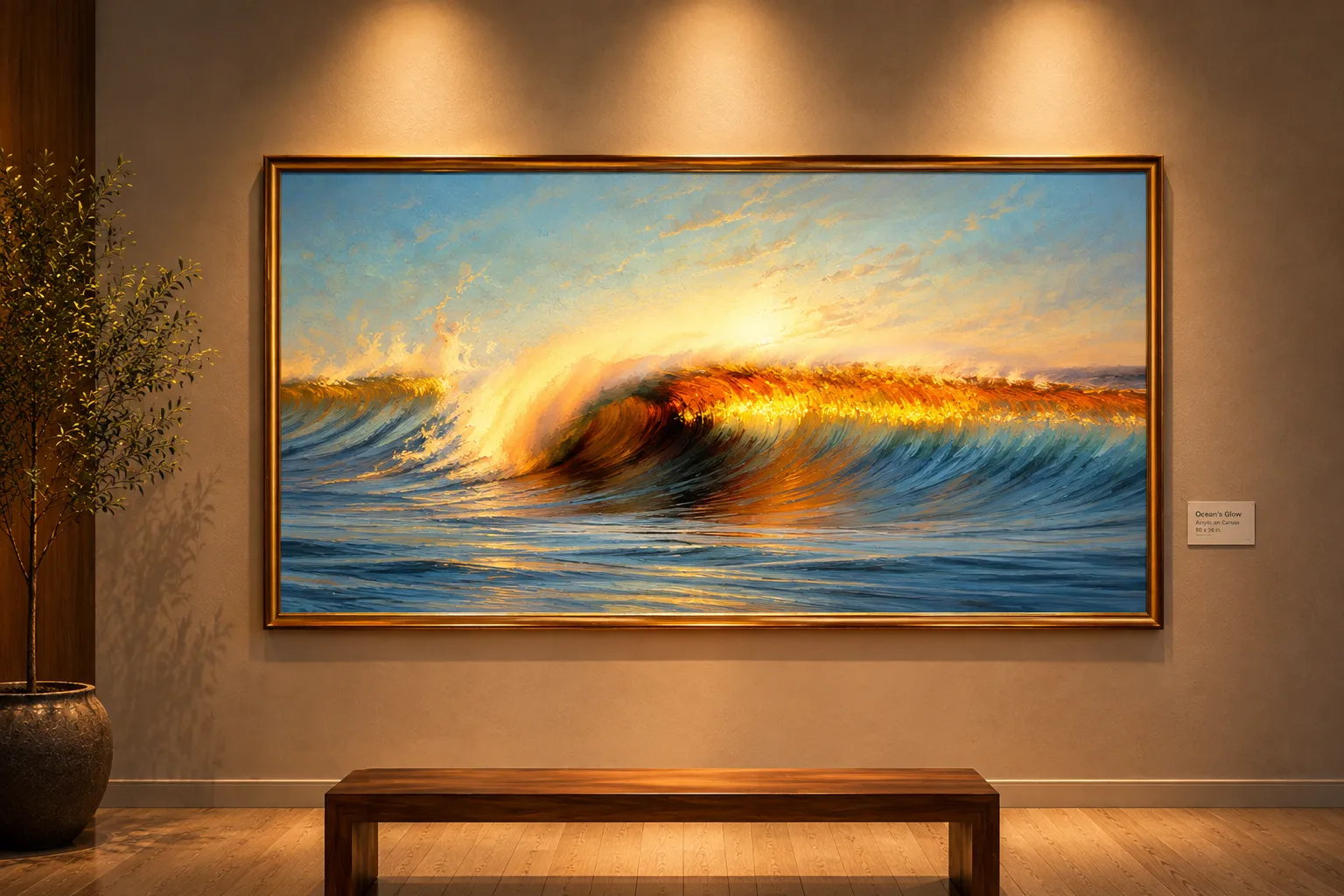 A large framed painting of a golden-hour ocean wave displayed in a gallery-style room