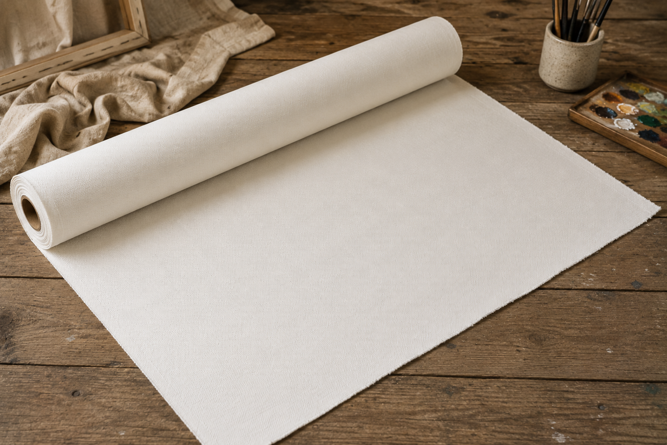 A roll of primed canvas unrolled across a wooden studio table beside a painter's palette and brushes