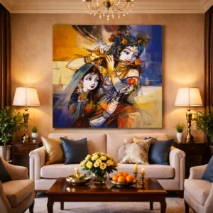 Radha Krishna canvas painting India Krishna bansuri blue gold wall art by Aratce Studio