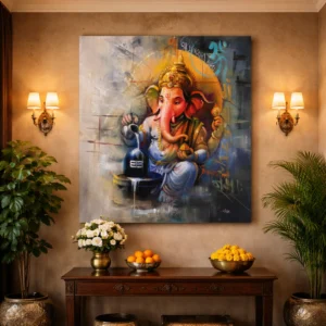 Shiv Ganesh canvas painting India — Ganesh abhisheka Shivling devotional wall art by Aratce Studio