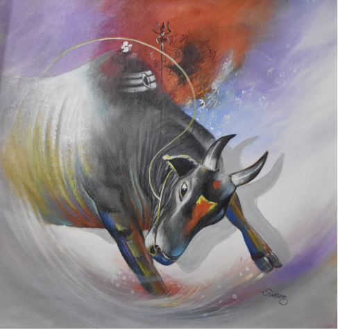Adhikaranandin Canvas Painting – Nandi, Symbol of Shiva’s Power & Serenity | Handmade Acrylic Wall Art - Religious Collection - 24X24 Inches