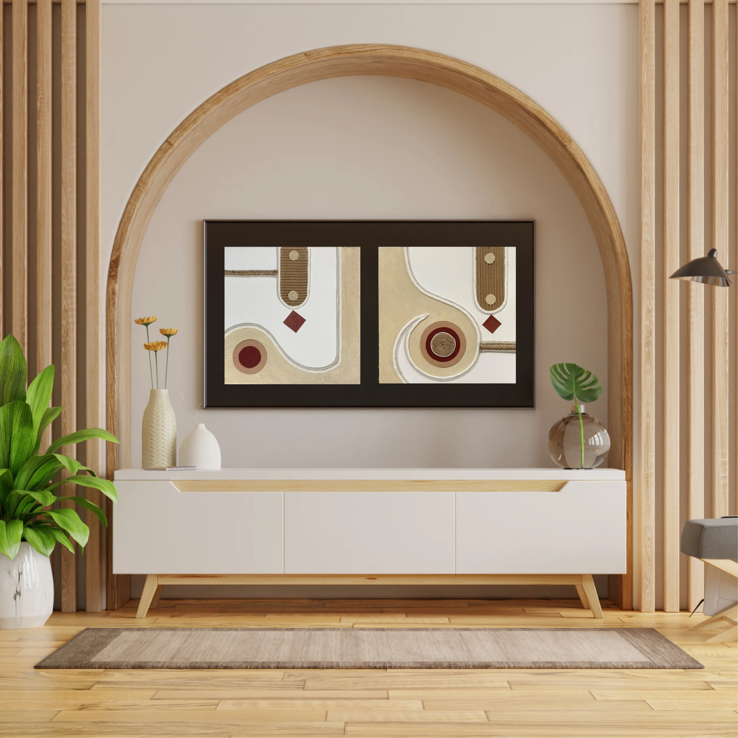 Abstract canvas painting with jute rope, corrugated rectangle, circular forms and a deep red diamond in warm ivory and beige tones