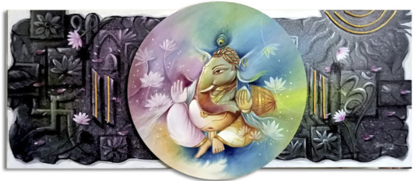 Modern Abstract Ganesha Canvas Painting | Handmade Wall Art - Abstract Deer Paintings for Living Room - 37x16 Inches
