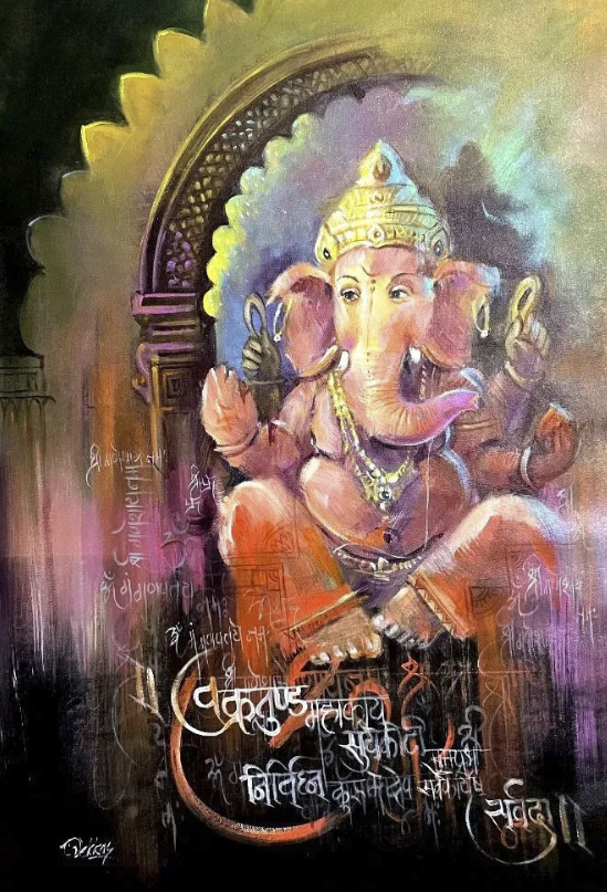Handmade Lord Ganesha Canvas Painting | Modern Spiritual Wall Art - Abstract Collection - 24x36 Inches