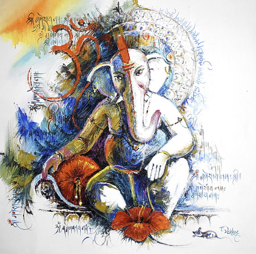Abstract Lord Ganesha Canvas Painting with Om | Handmade Modern Spiritual Wall Art - 30x30 Inches