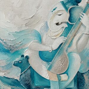 Musical Ganesha Canvas painting in teal and white with mouse companion