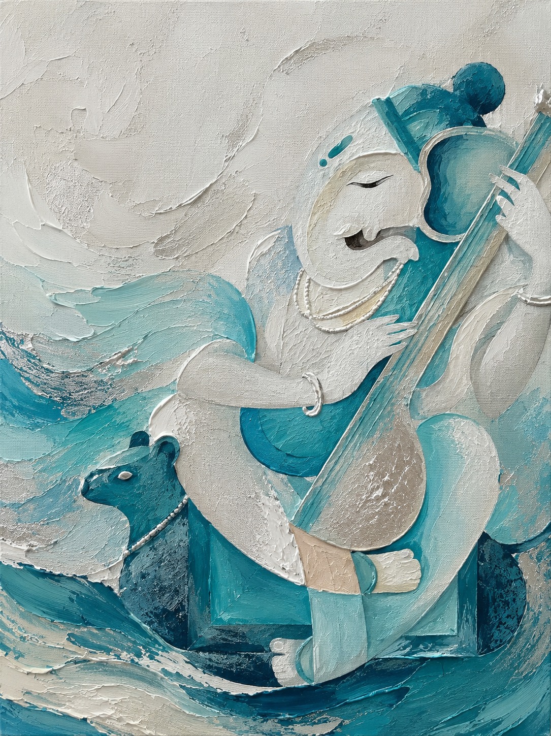 Ganesha Playing Veena Canvas Painting – Teal & White Textured Wall Art - Abstract Collection - 12X12 Inches
