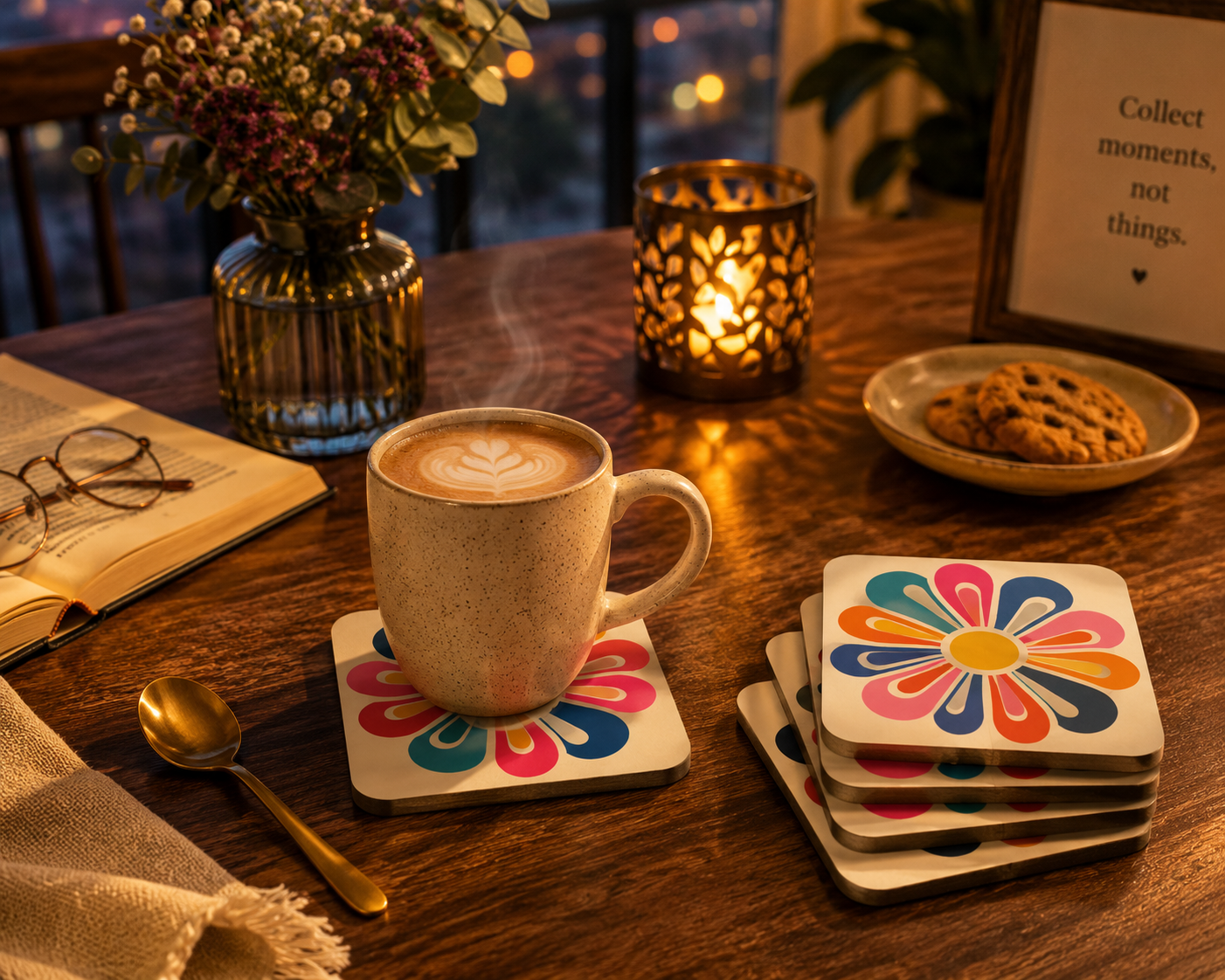 Retro Floral MDF Tea Coasters | Handmade Painted Drink Coasters