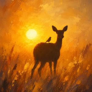 Silhouette of a deer and bird against a golden sunset in acrylic canvas painting