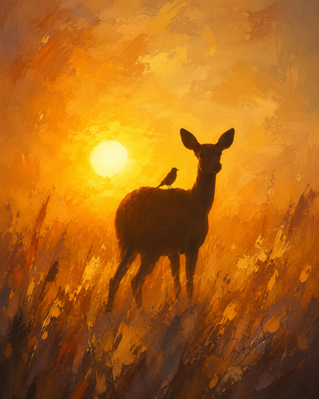 Silhouette of a deer and bird against a golden sunset in acrylic canvas painting