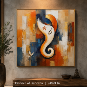 Ganesha canvas painting displayed on entryway wall in Indian home