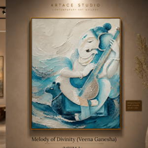 Ganesha canvas painting India — teal musical wall art by Aratce Studio
