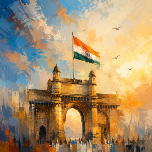 Gateway of India painting with Indian flag at golden hour