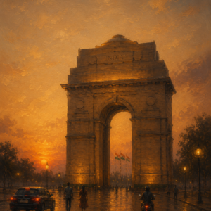India Gate painting at golden sunset with tricolor flags