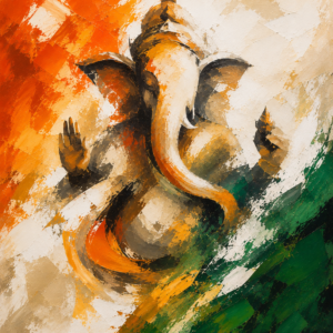 Abstract Ganesha painting in saffron, white and green tricolor tone