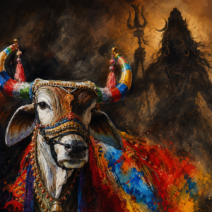 Nandi with Lord Shiva canvas painting featuring a decorated sacred bull with Lord Shiva in the background