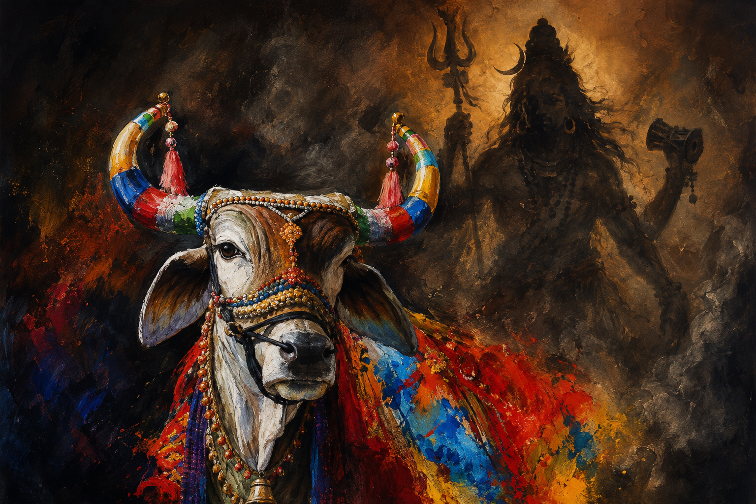 NandiShiva Canvas Painting | Artace Studio - Handcrafted Mahadev & Nandi Painting - 36x24 Inches