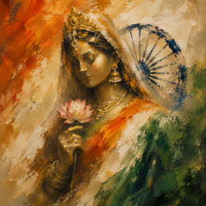 Bharat Mata painting with Ashoka Chakra and lotus in saffron, gold and green tones
