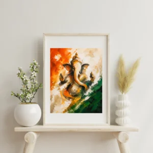 Abstract Ganesha painting in saffron, white and green tricolor tones