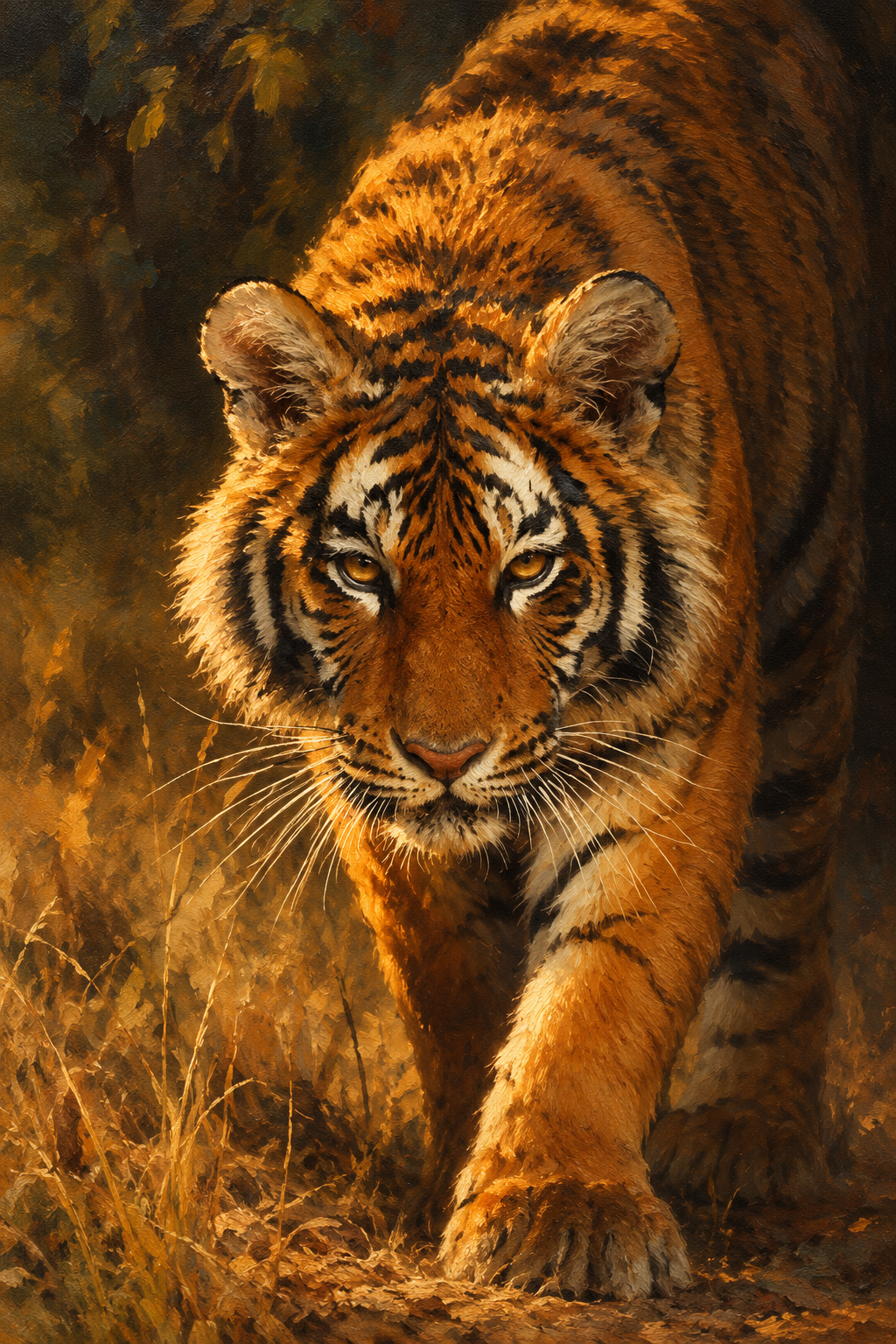 Bengal Tiger Canvas Painting, Realistic Golden Amber Wildlife Wall Art.