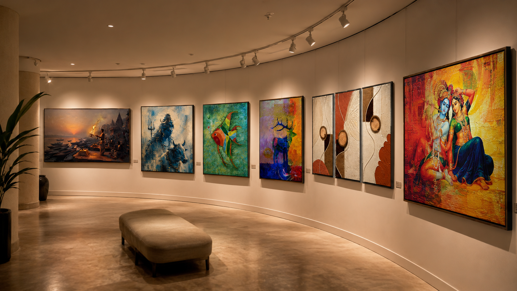 Modern interior with abstract art and blue textured wall
