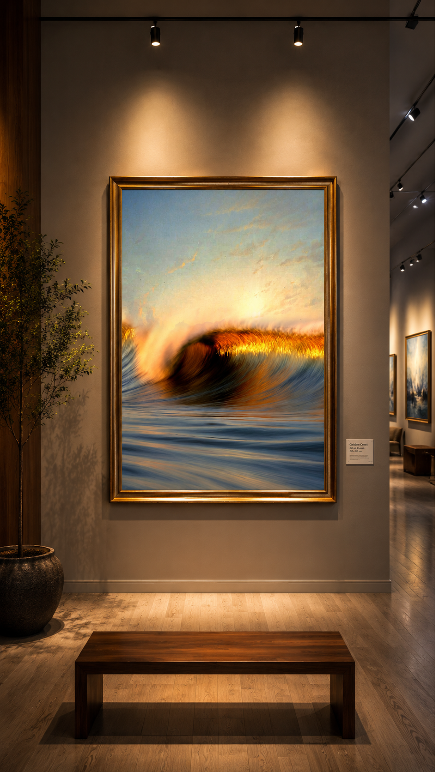 A large framed painting of a golden-hour ocean wave displayed in a gallery-style room