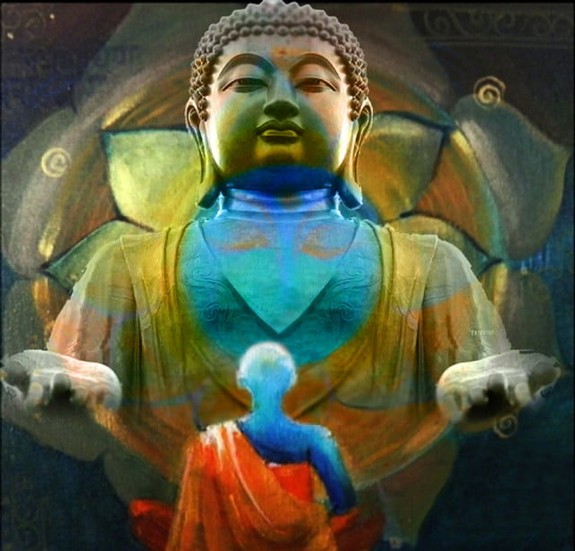 Buddha With Monk - Buddha Collection - 32 X 32 Inches