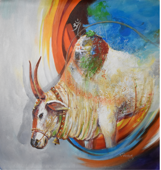 Nandi Canvas Painting – Happiness, Joy & Divine Satisfaction | Handmade Acrylic Wall Art for Home - Religious Collection - 24X24 Inches