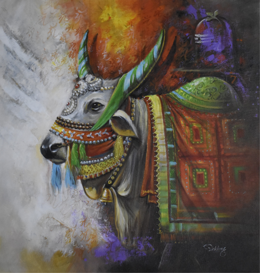 Nandideva Canvas Painting – The Sacred Joy-Bringer of Lord Shiva | Handmade Acrylic Wall Art - Religious Collection - 24X24 Inches
