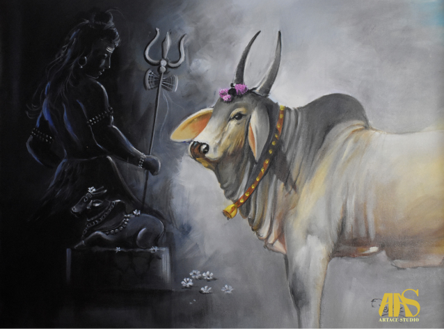 Nandikeshavara Canvas Painting – Sacred Nandi of Lord Shiva | Handmade Acrylic Wall Art - Religious Collection - 30X20 Inches