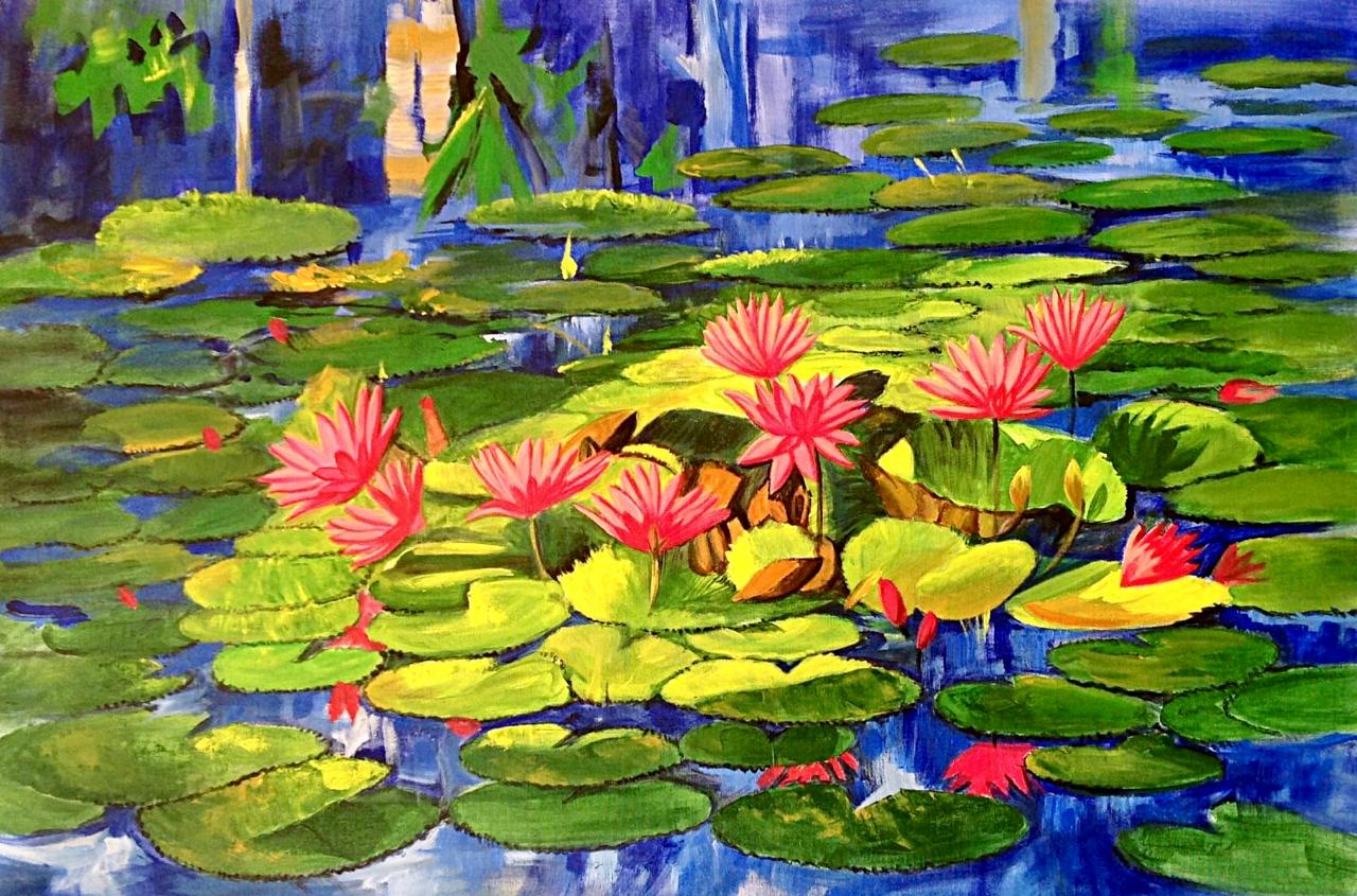 Stunning Water Lily Canvas Painting | Lotus Serenity | Artace Studio - Abstract Collection - 36x24 Inches