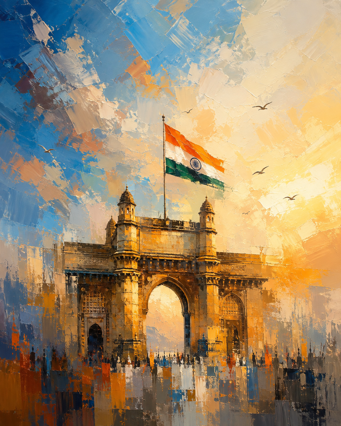 Gateway of India painting with Indian flag at golden hour
