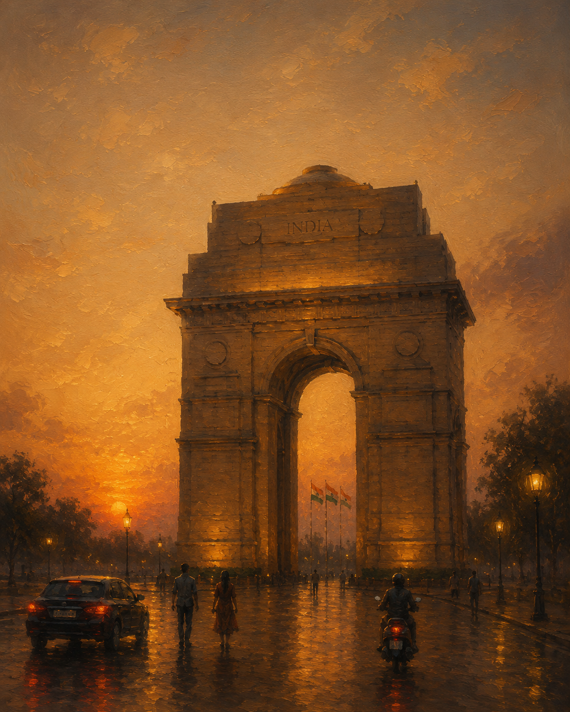 India Gate painting at golden sunset with tricolor flags