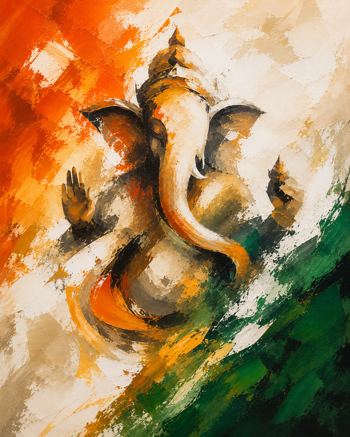 Abstract Ganesha painting in saffron, white and green tricolor tone