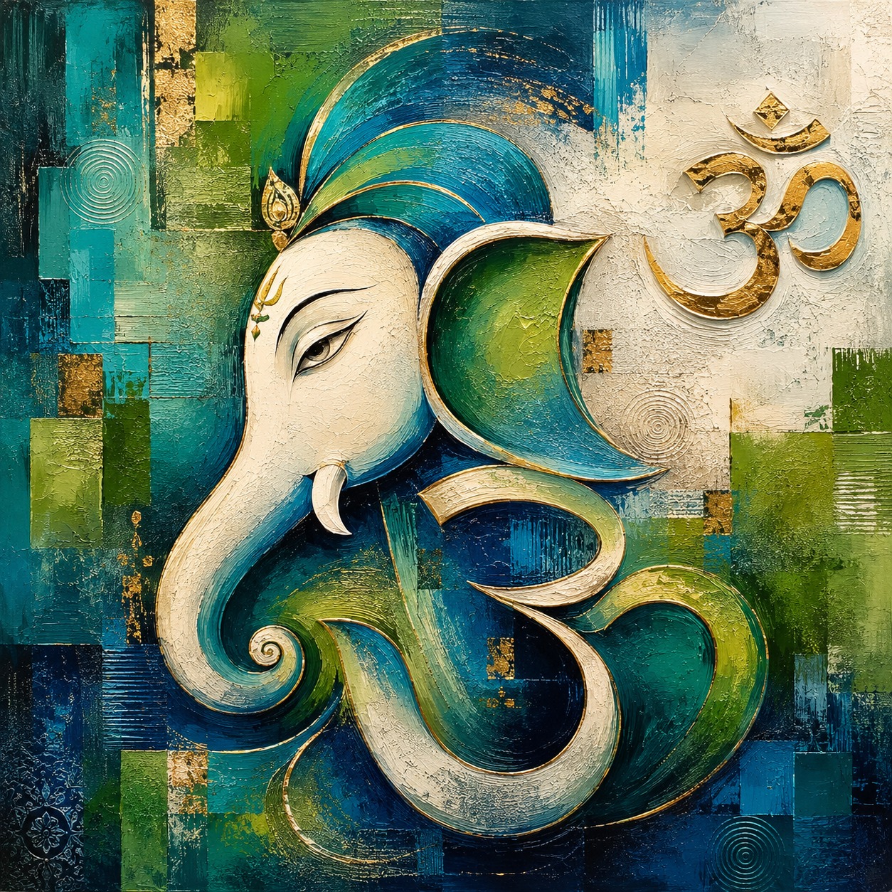 Ganesha & Om Canvas Painting – Teal, Emerald & Gold Textured Wall Art for Living Room - Abstract Collection - 12X12 Inches