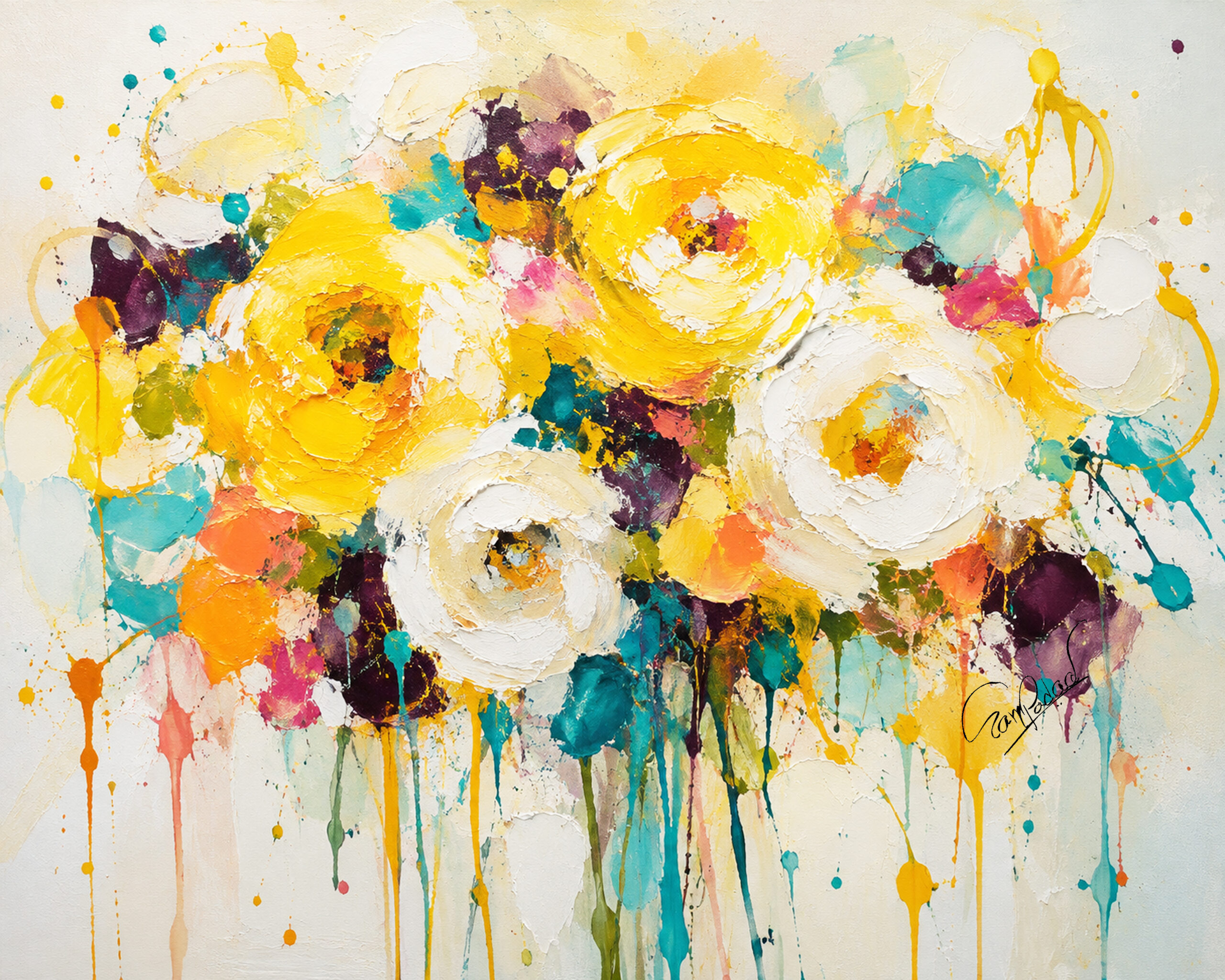 Colorful Abstract Floral Canvas Painting – Contemporary Flower Art - Abstract Collection - 36x24 Inches