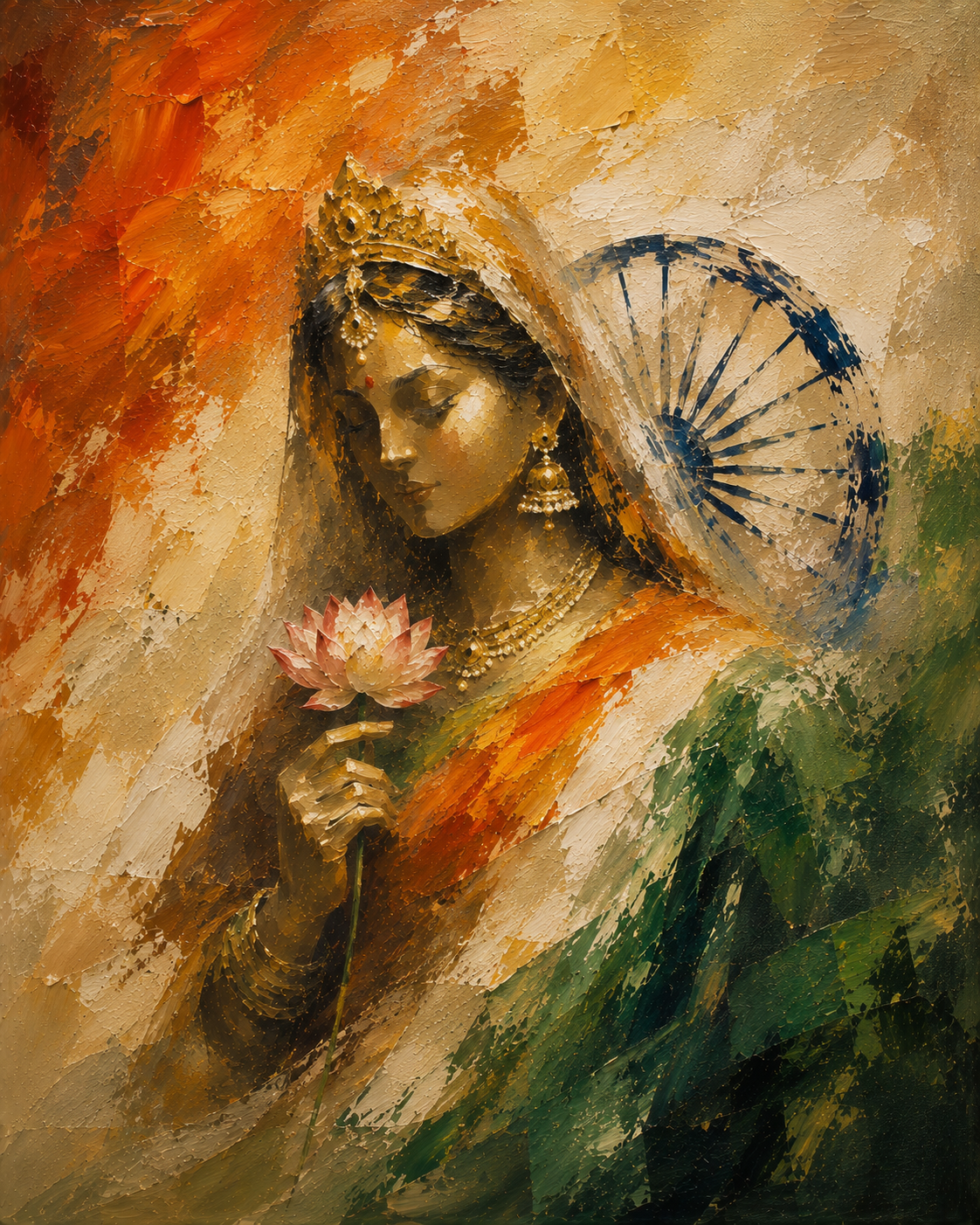 Bharat Mata painting with Ashoka Chakra and lotus in saffron, gold and green tones