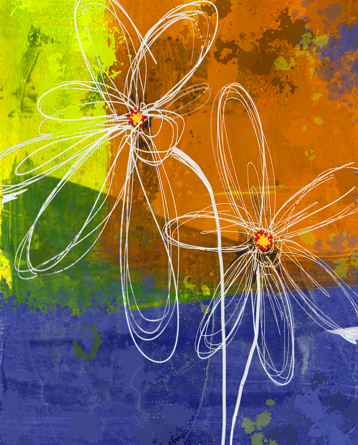 Blue Orange Abstract Flower Canvas Painting | Artace Studio